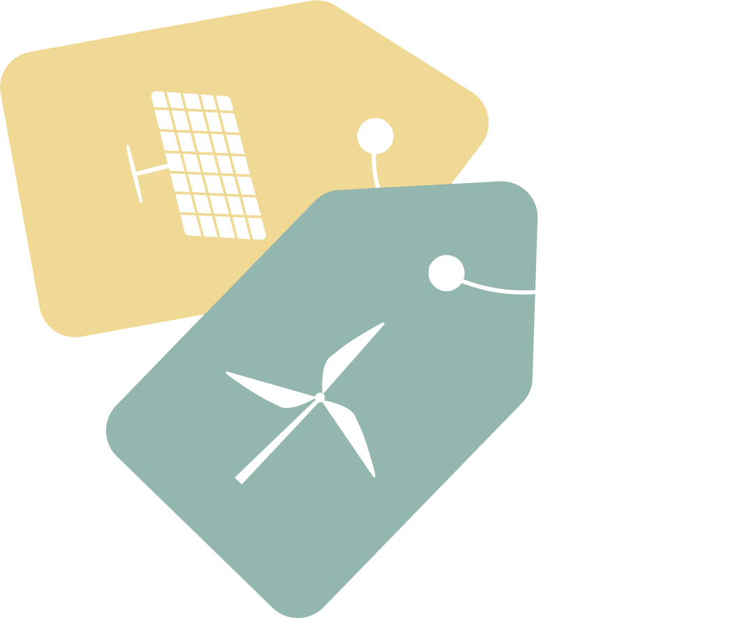 Icon with two tags and an icon with a solar panel and a wind turbine